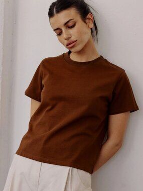 All:Row Thick Cotton Crewneck Boxy Everyday Tee Shirt in Warm Brown S $68
